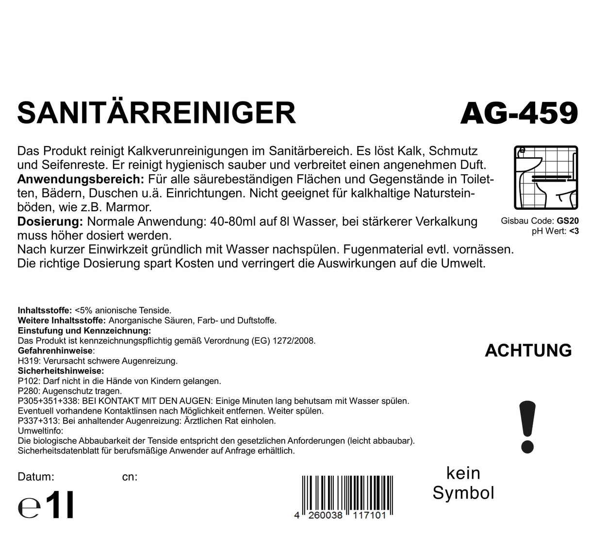 Sanitärreiniger, gegen Kalkverunreinigungen, Konzentrat, PH <2, 12 x 1 Liter