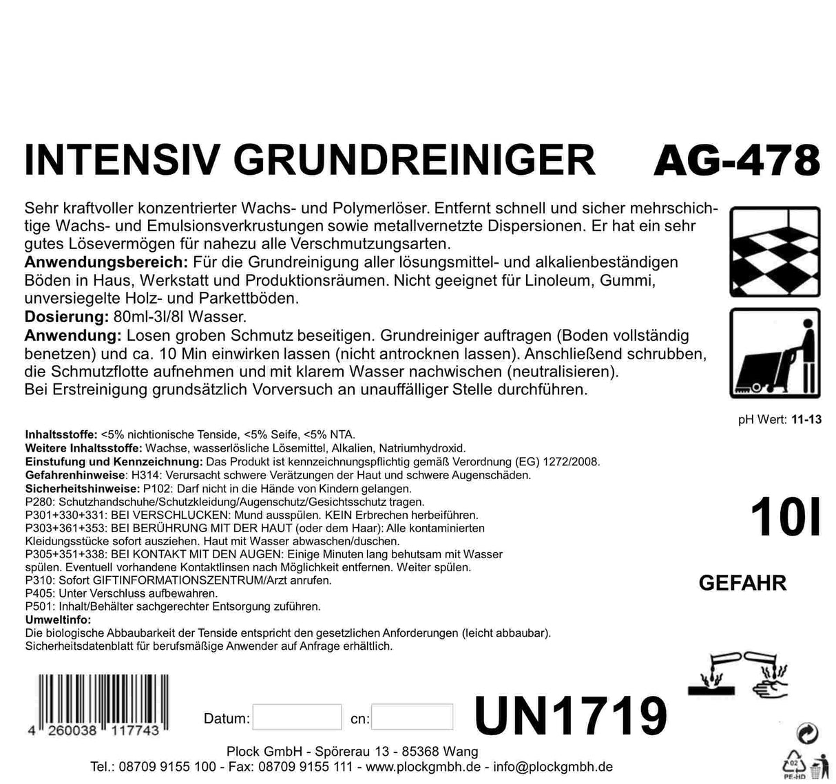 Intensiv Grundreiniger, pH-Wert 14, 10 Liter