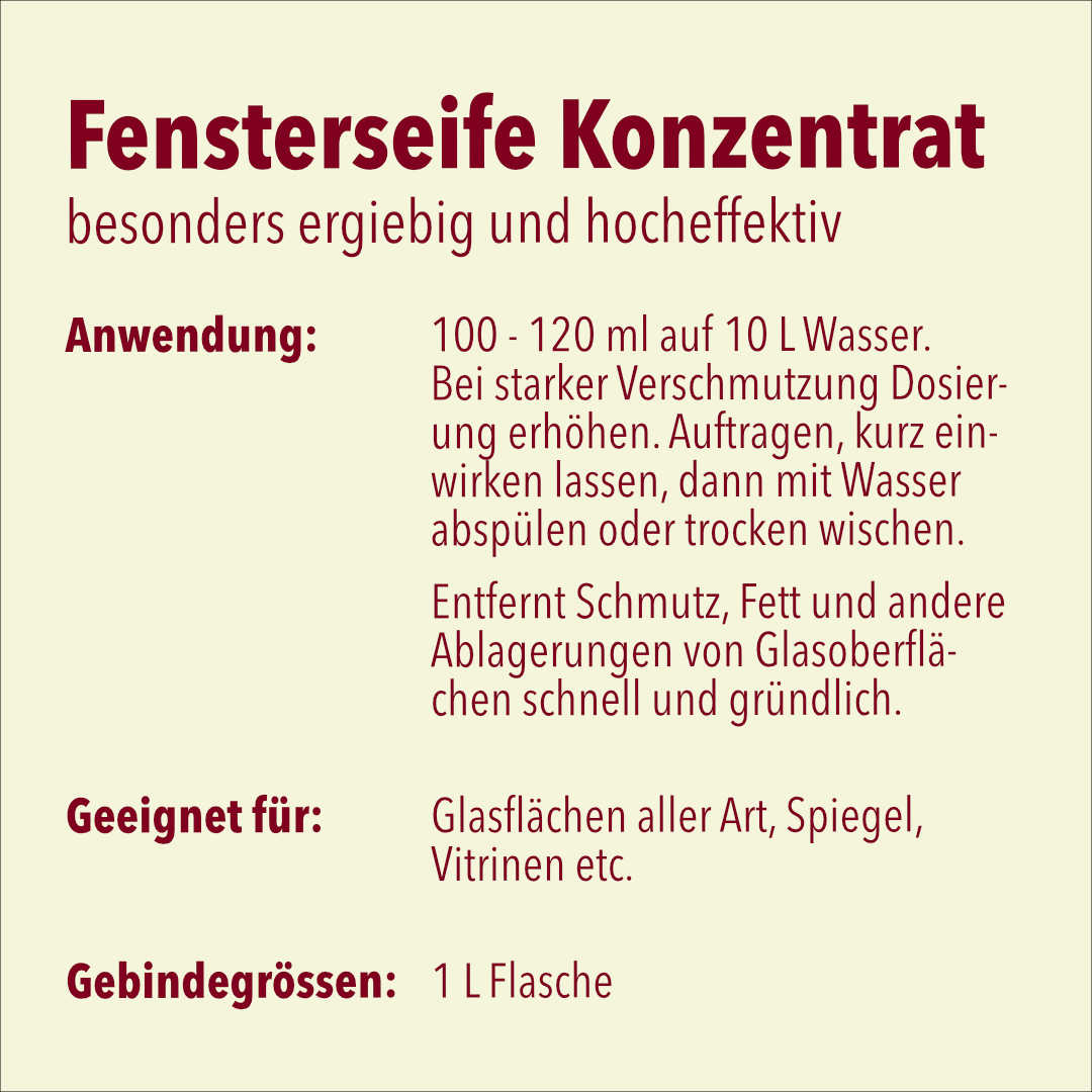 Fensterseife Konzentrat für streifenfreien Glanz, pH-Wert 9, 6 x 1 Liter