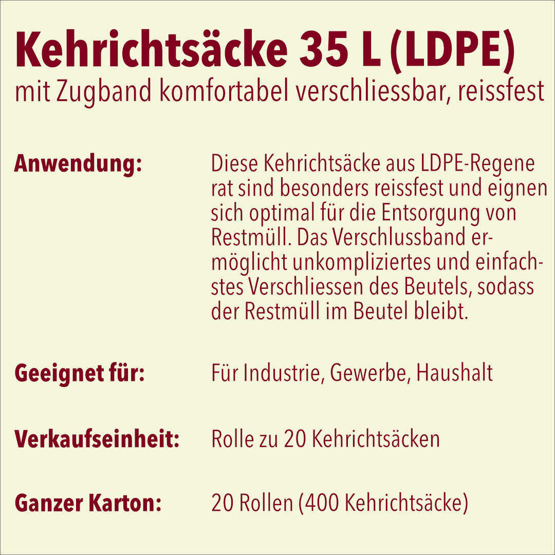 Kehrichtsack mit Zugband, 35 l, LDPE schwarz, 20 Rollen à 20 Sack