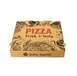 Kraftbrauner Pizzakarton mit künstlerischen Pizzaillustrationen und den Schlagworten 'PIZZA Fresh & Tasty' sowie 'Guten Appetit' auf dem Deckel, isoliert auf weißem Hintergrund.