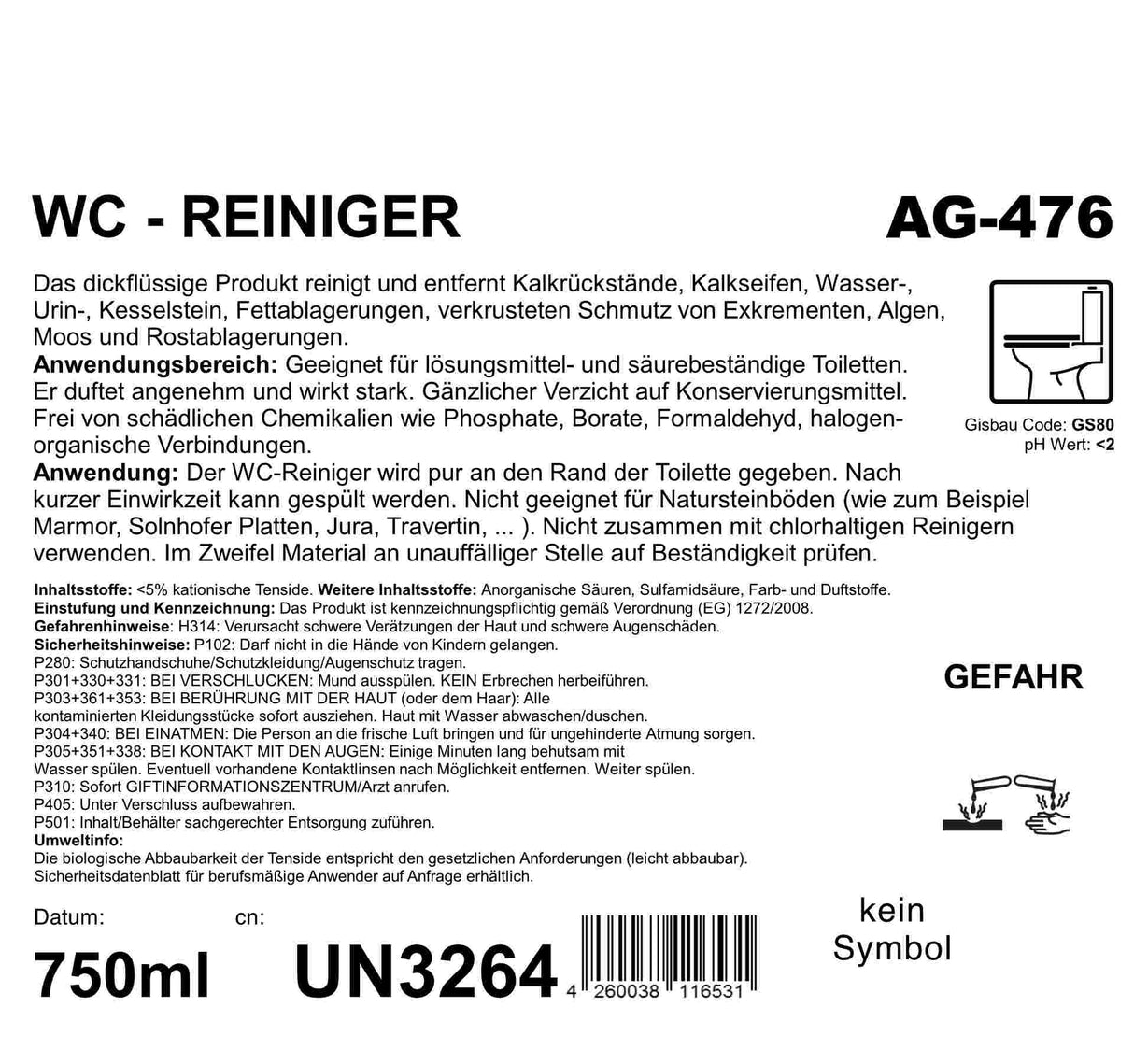 WC-Reiniger, dickflüssig, 12 x 750 ml Flasche, pH-Wert <2