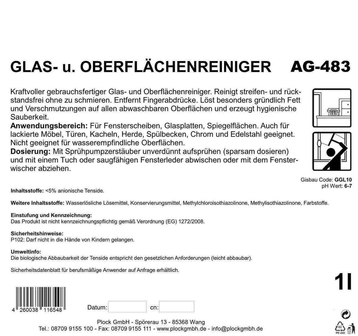 Glas- und Oberflächenreiniger für streifenfreien Glanz, blau, 12 x 1 Liter