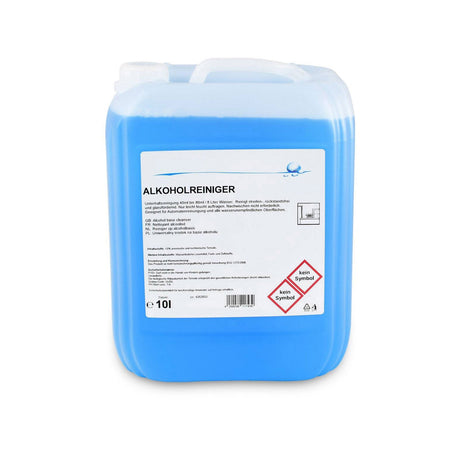 Ein Kanister eines blauen Alkoholreinigers. 10 Liter.