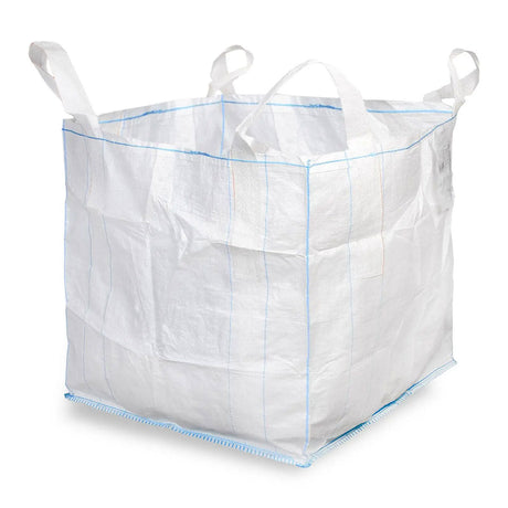 Weiss­er PP-Big Bag mit vier Hebeschlaufen, 90 × 90 × 90 cm, belastbar bis 1000 kg