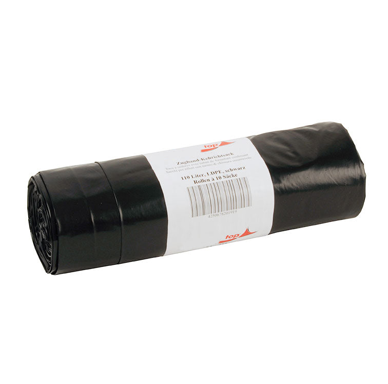 Kehrichtsack mit Zugband, 110 l, LDPE schwarz, 12 Rollen à 10 Sack
